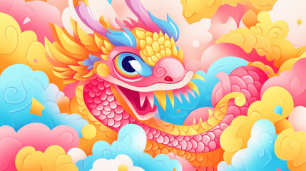 Obraz premium Colorful illustration of vibrant dragon for 2025 Year of the Snake New Year celebration, showcasing bold and bright design elements in a whimsical fantasy style.