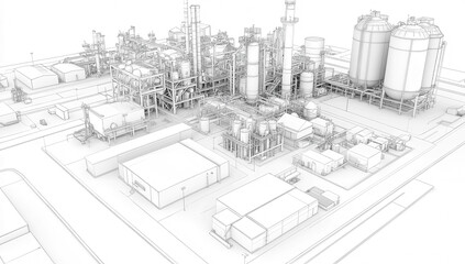 Fototapeta premium Intricate 3D sketch of a large industrial plant in black and white, showcasing complex structures and machinery in detailed perspective