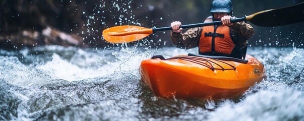 Fototapeta premium Kayak pushing through foamy rapids, dynamic water movement captured with splashes and ripples, actionpacked outdoor adventure