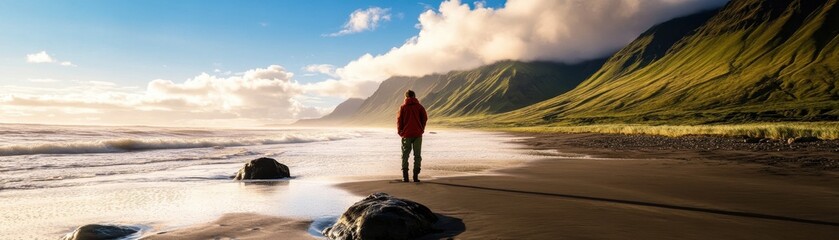 Fototapeta premium Man Standing on a Serene Beach with Majestic Mountains in the Background at Sunset