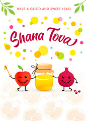 Shana Tova 2024 holiday banner with honey, funny apple and pomegranate emoji icons. Celebrate Rosh Hashanah 2024 with joy and warmth! Creative vector image for Shana Tovah wishes or messages