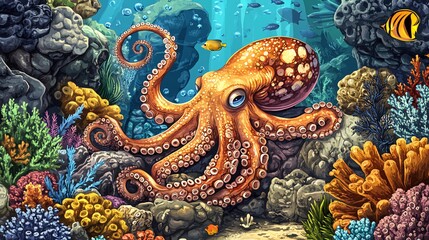 Obraz premium An octopus with blue eyes sits among coral reef with colorful fish.