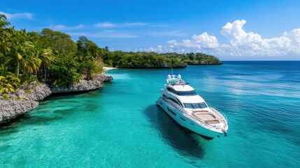 A stunning luxury yacht is anchored in crystal clear blue waters near a pristine tropical island full of lush green vegetation and rocky formations, under a bright blue sky.