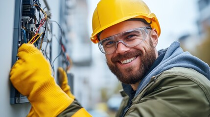 A cheerful electrician is seen fixing wiring while wearing a yellow safety helmet, goggles, and gloves, showing his expertise and safety consciousness in handling electrical tasks.