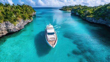 A beautiful luxury yacht is navigating the clear turquoise waters through a tropical island cove surrounded by lush greenery and rocky cliffs on a sunny day, showcasing a dream vacation.