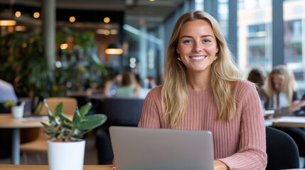 A young woman with long blonde hair smiles brightly while working on her laptop in a modern, well-lit office space, surrounded by colleagues and indoor plants.