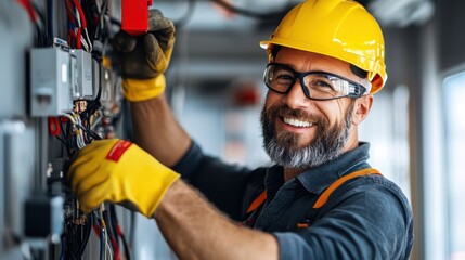 A bearded electrician smiles while working with cables, wearing an orange safety helmet and gloves, showcasing his skill and focus on safety measures in a professional environment.