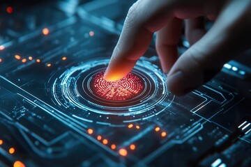 A close up of a cutting edge biometric security system scanning a users fingerprint or retina