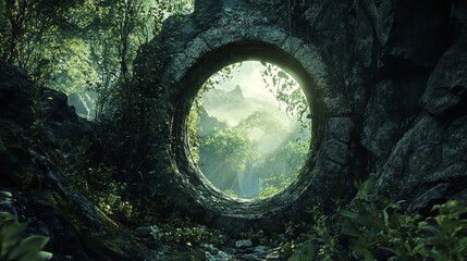 Enchanted Forest Gateway with Majestic Mountain Views and Cloudy Skies, Lush Greenery and Mysterious Stone Architecture in a Dreamlike Setting