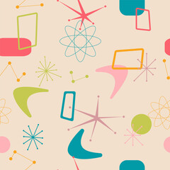 Mid Century Modern Boomerang seamless pattern with atomic retro stars in orange, blue, green, pink and yellow. For home decor, textile, wallpaper and fabric.