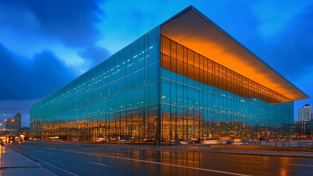 Time-lapse of a modern glass building in the city at night, with traffic moving on the road.