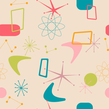 Mid Century Modern Boomerang seamless pattern with atomic retro stars in orange, blue, green, pink and yellow. For home decor, textile, wallpaper and fabric.