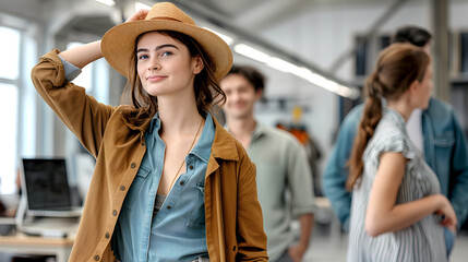 A young woman wearing a brown jacket and hat smiles confidently in a well-lit, modern office. Colleagues in casual attire socialize in the background - Generative AI