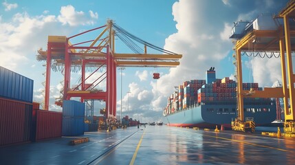 31. A port with a large container ship being docked and prepared for unloading