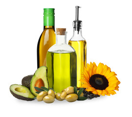 Vegetable fats. Set of different oils and ingredients isolated on white
