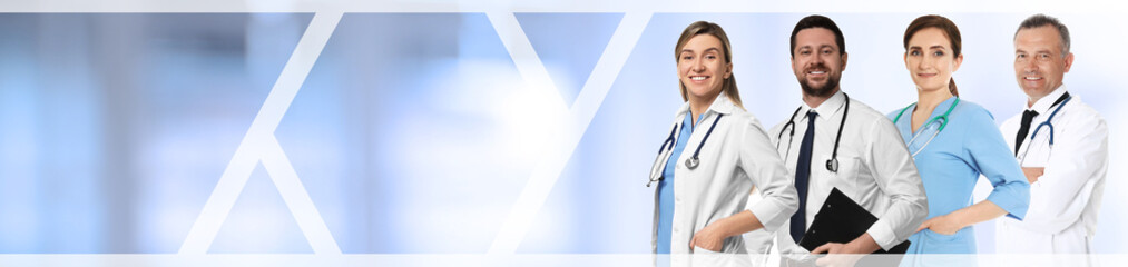 Doctors on blurred background. Banner design with space for text