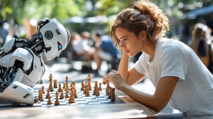 A woman intensely focuses on playing a game of chess with a white robot in an outdoor park, symbolizing the interaction between human intelligence and AI.