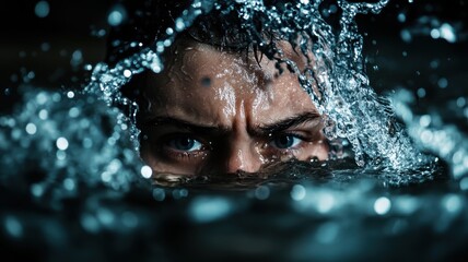 Intense Close-Up of Man's Face Partially Submerged in Water with Splashing Droplets