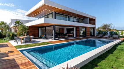Fototapeta premium Modern house in Algarve with pool, white walls, wooden floor, wooden roof, outdoor dining area, garden, green grass, and deck leading to entrance.