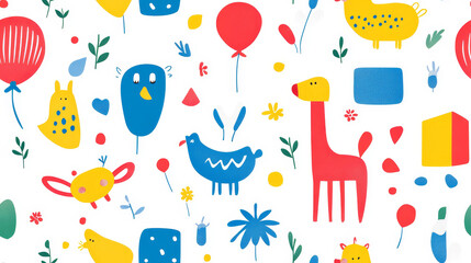 Colorful childlike seamless pattern with playful animal and floral shapes