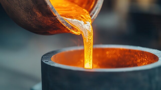 Close-up of a smelting pot pouring molten gold into a mold, Gold refining, industrial process, precious metal production