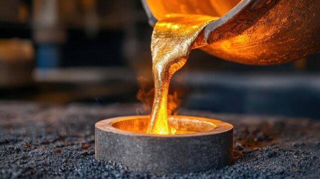 Close-up of a smelting pot pouring molten gold into a mold, Gold refining, industrial process, precious metal production