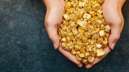 Close-up of gold nuggets being sifted through by a miner s hands, Gold mining, raw material, wealth
