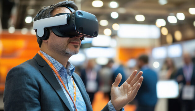 Businessman experiencing virtual reality at a trade show