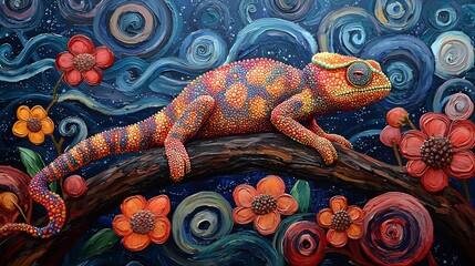 Semiabstract chameleon blending into a vibrant background of swirling patterns symbolizing adaptability and change