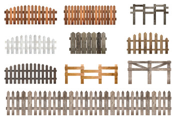 Different wooden fences isolated on white, set
