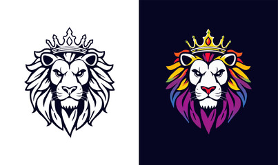 powerful abstract lion mascot logo. Lion with crown logo. Colorful rainbow lion logo for LGBTQ