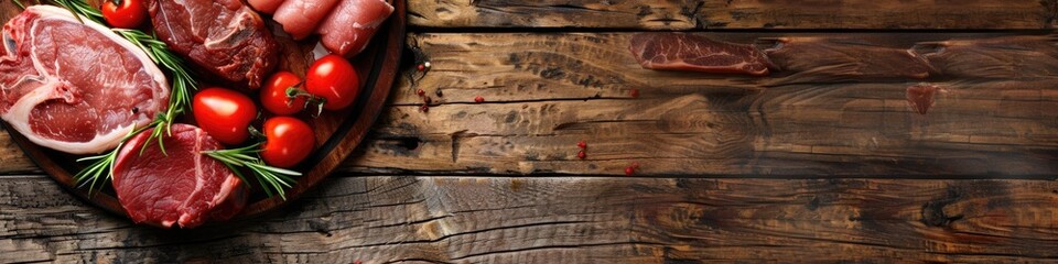 Selection of Assorted Fresh Cuts of Raw Meat with Tomatoes, Oranges, and Herbs on a Wooden Board