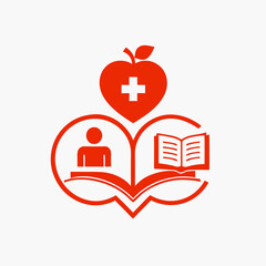 Health education illustration featuring a heart, book, and apple in red color on a white background