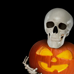 Scary skeleton with spooky jack o'lantern on black background, space for text. Halloween celebration