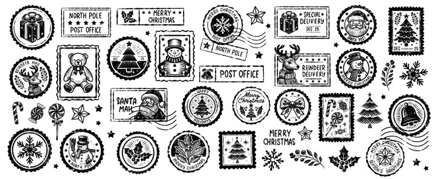 Vintage Christmas Postmark and Postage Stamp collection with Santa, Snowman, Holly Berries, Reindeer, Snowflake. Old textured Holiday Postal Watermark for Greeting Cards, Scrapbooking, and Collages
