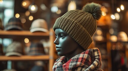 Obraz premium Mannequin wearing blue knit hat and gray scarf in store