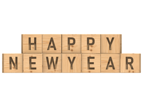 Happy new year word written on wooden blocks with transparent background
