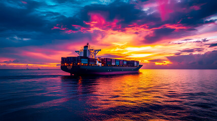 Obraz premium cargo ship illuminated by the brilliant colors of the sunset, with the sky transitioning from deep orange to bright pink and purple