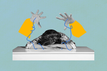 Creative image collage young woman lying depressed tired exhausted overworked workaholic hands...