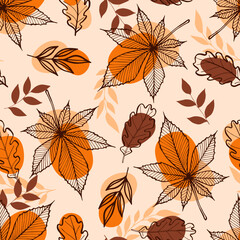 Autumn seamless pattern with abstract leaves. Hand drawn flat style. Perfect for textile and wrapping