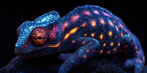 Semiabstract chameleon with neon patterns shifting across its body symbolizing adaptability and change