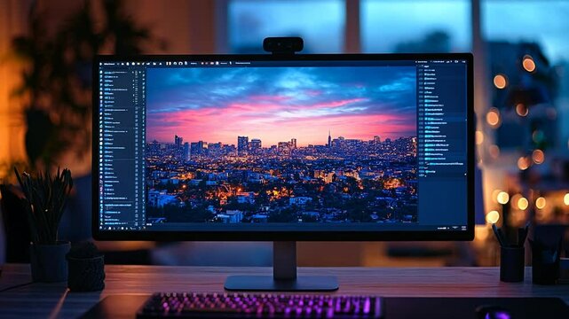 A static shot of a home office workspace with a computer displaying a cityscape.