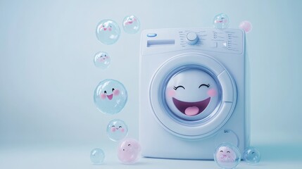 A happy washing machine with a smiling face surrounded by cute bubbles