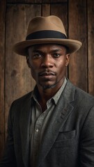 Middle-aged black man with short dark hair wearing tan hat, gray jacket, and white shirt against wooden background