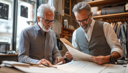 Two senior fashion designers reviewing sketches and fabric samples in their workshop