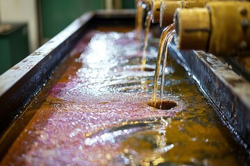 Liquid Pouring into a Metal Trough with Reflections