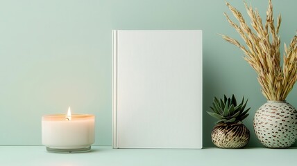 Hardcover book mockup standing next to a lit candle and decorative plants, Book mockup, relaxed vibe, peaceful atmosphere
