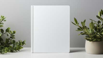 Hardcover book mockup standing upright with blank covers, surrounded by plants, Book mockup, natural setting, elegant design