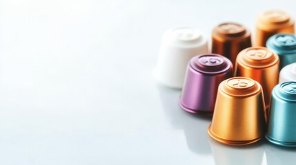 Coffee capsules on a glossy white surface, with soft shadows for depth