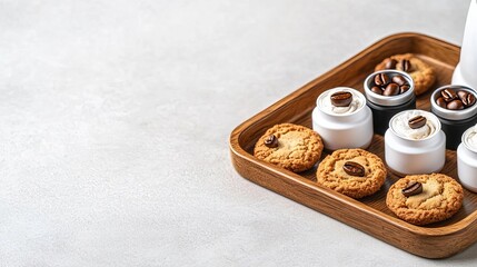 Coffee capsules on a wooden tray, with cookies and cream, morning delight theme